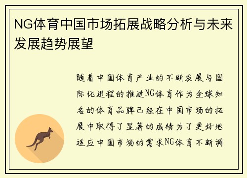 NG体育中国市场拓展战略分析与未来发展趋势展望